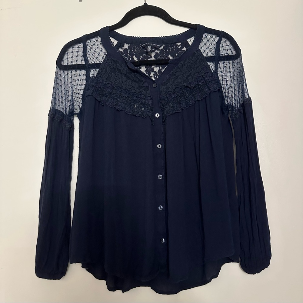 American Eagle Mesh Lace Long Sleeve Blouse Navy Top Dot